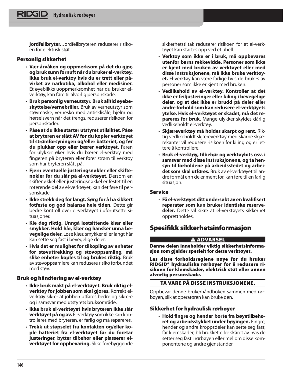 Spesifikk sikkerhetsinformasjon | RIDGID Hydraulic Pipe Bender User Manual | Page 148 / 358
