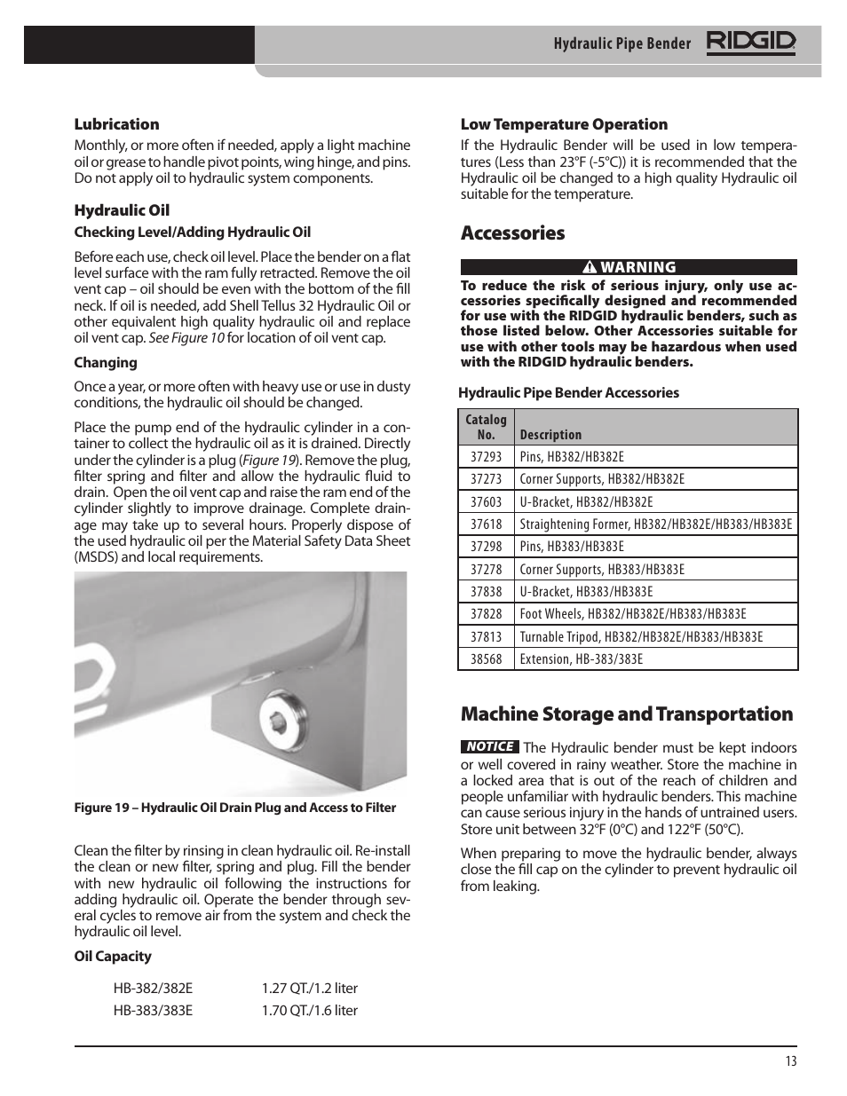 Accessories, Machine storage and transportation | RIDGID Hydraulic Pipe Bender User Manual | Page 15 / 358