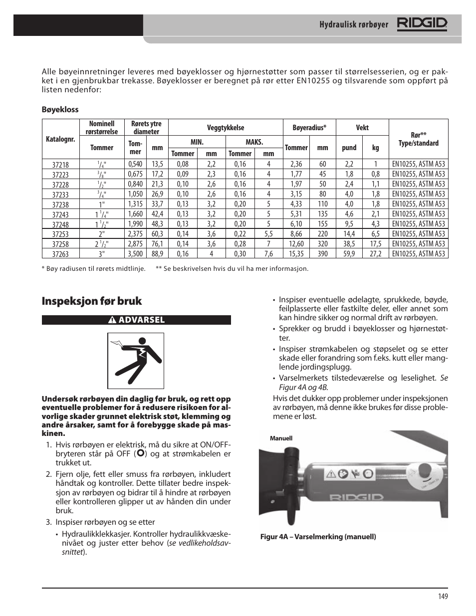 Inspeksjon før bruk | RIDGID Hydraulic Pipe Bender User Manual | Page 151 / 358