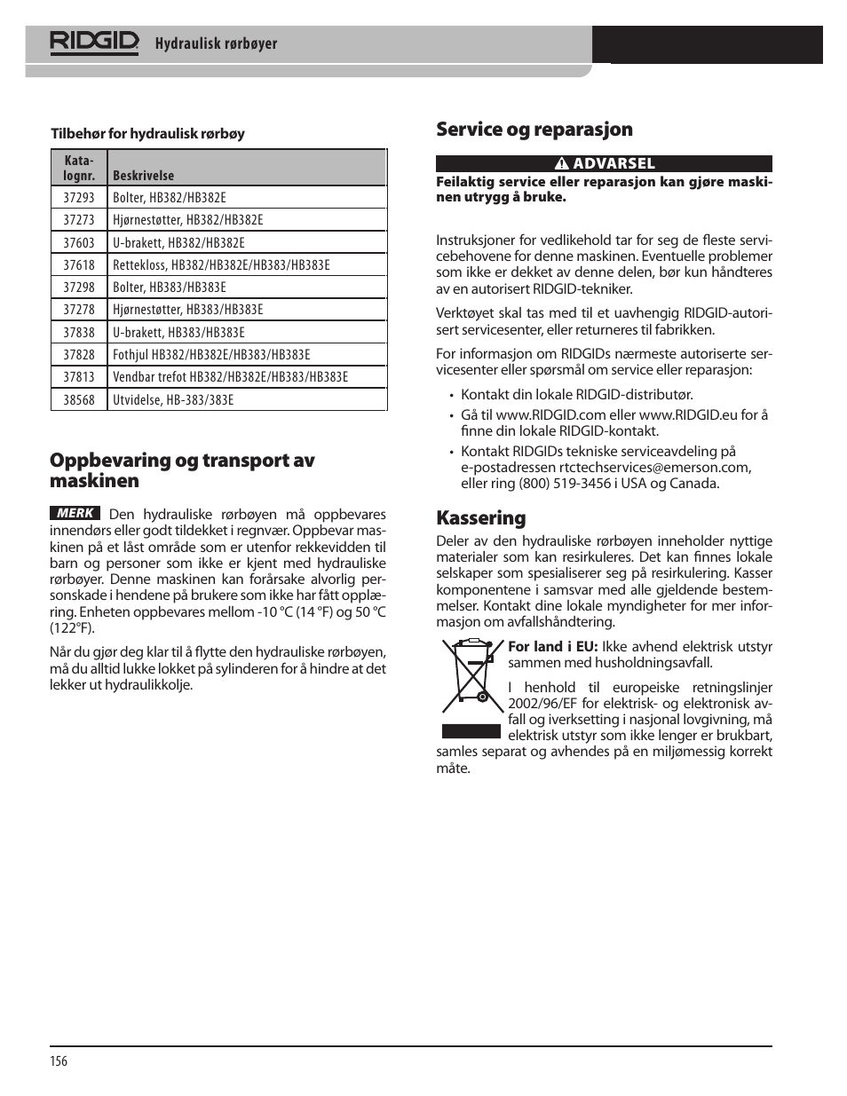 Service og reparasjon, Kassering, Oppbevaring og transport av maskinen | RIDGID Hydraulic Pipe Bender User Manual | Page 158 / 358