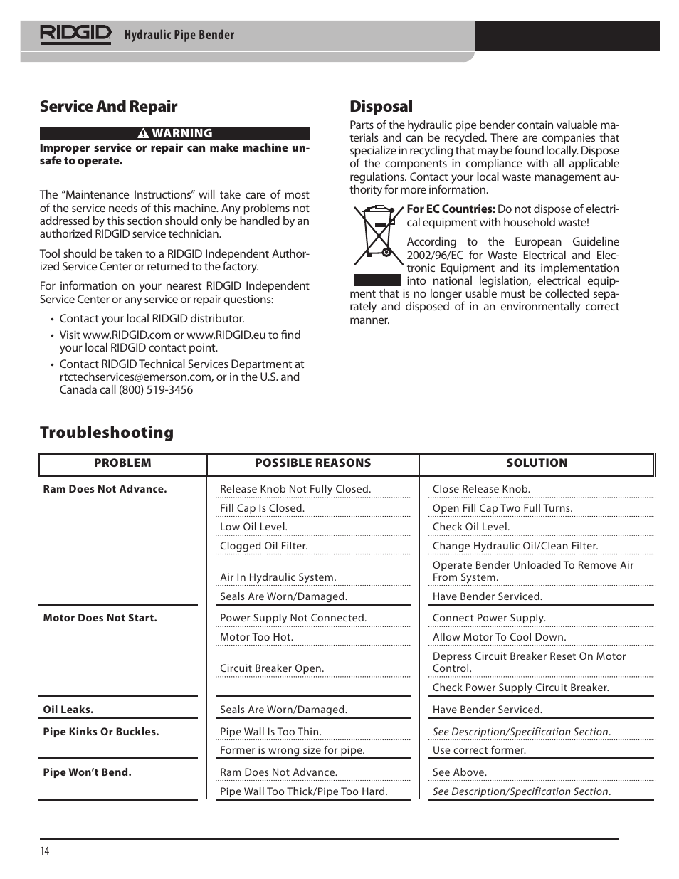 Disposal, Troubleshooting, Service and repair | RIDGID Hydraulic Pipe Bender User Manual | Page 16 / 358