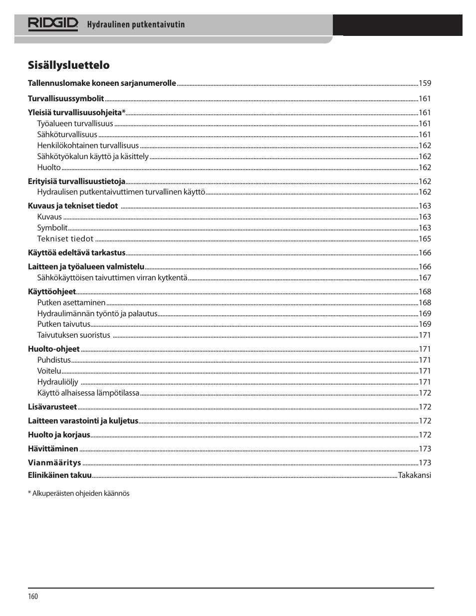 Sisällysluettelo | RIDGID Hydraulic Pipe Bender User Manual | Page 162 / 358