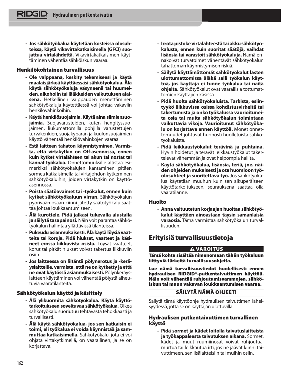 Erityisiä turvallisuustietoja | RIDGID Hydraulic Pipe Bender User Manual | Page 164 / 358