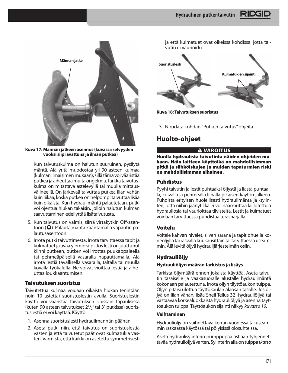 Huolto-ohjeet | RIDGID Hydraulic Pipe Bender User Manual | Page 173 / 358