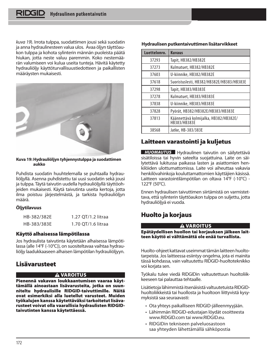 Laitteen varastointi ja kuljetus, Huolto ja korjaus, Lisävarusteet | RIDGID Hydraulic Pipe Bender User Manual | Page 174 / 358