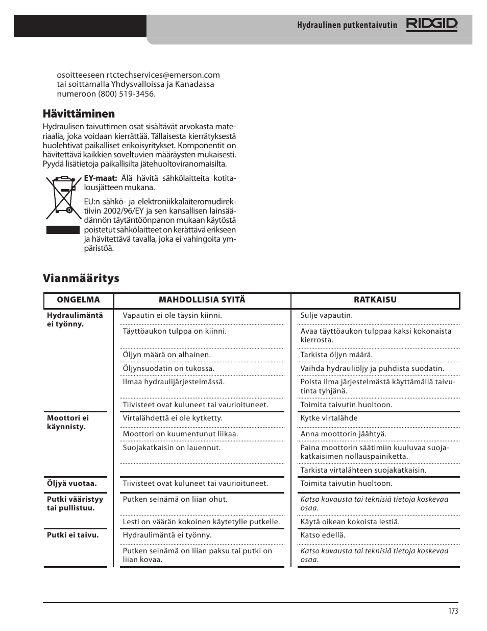 Hävittäminen, Vianmääritys | RIDGID Hydraulic Pipe Bender User Manual | Page 175 / 358