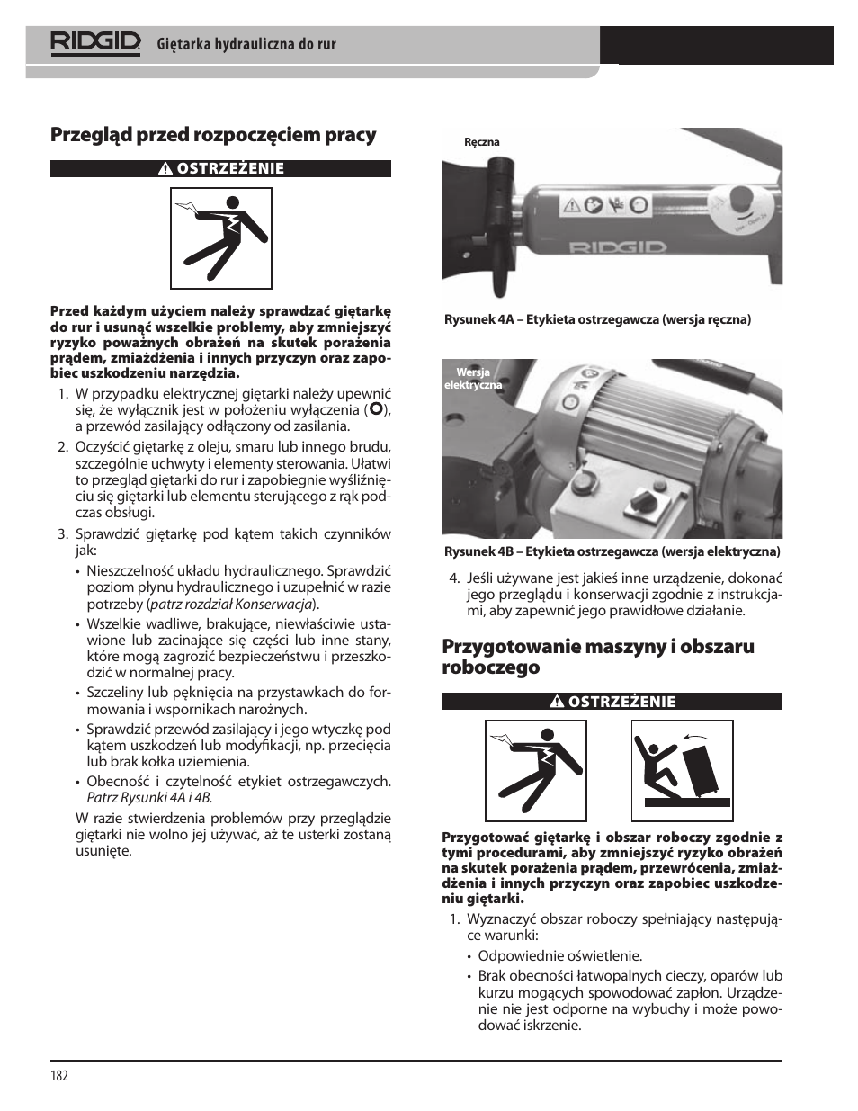 Przygotowanie maszyny i obszaru roboczego, Przegląd przed rozpoczęciem pracy | RIDGID Hydraulic Pipe Bender User Manual | Page 184 / 358