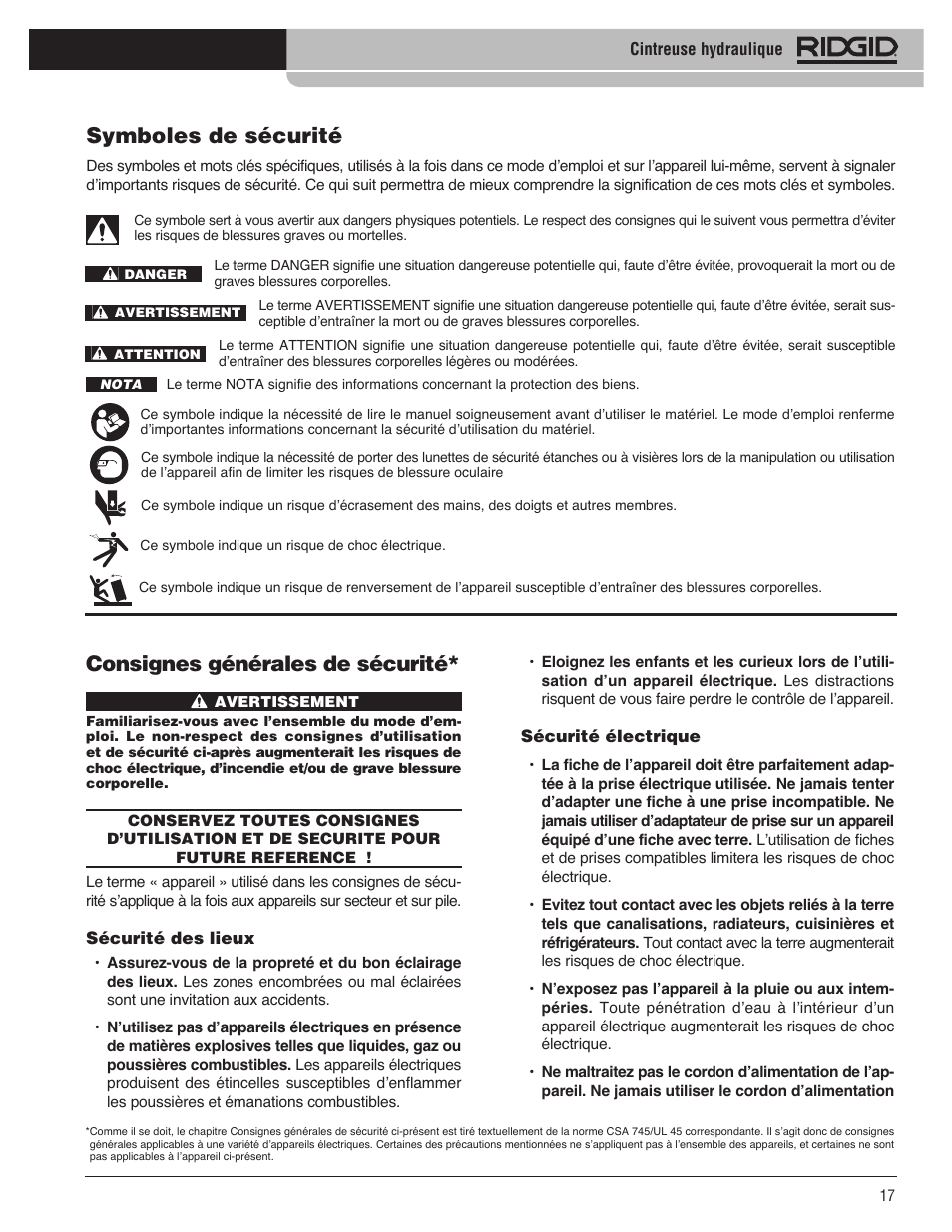 Symboles de sécurité, Consignes générales de sécurité | RIDGID Hydraulic Pipe Bender User Manual | Page 19 / 358