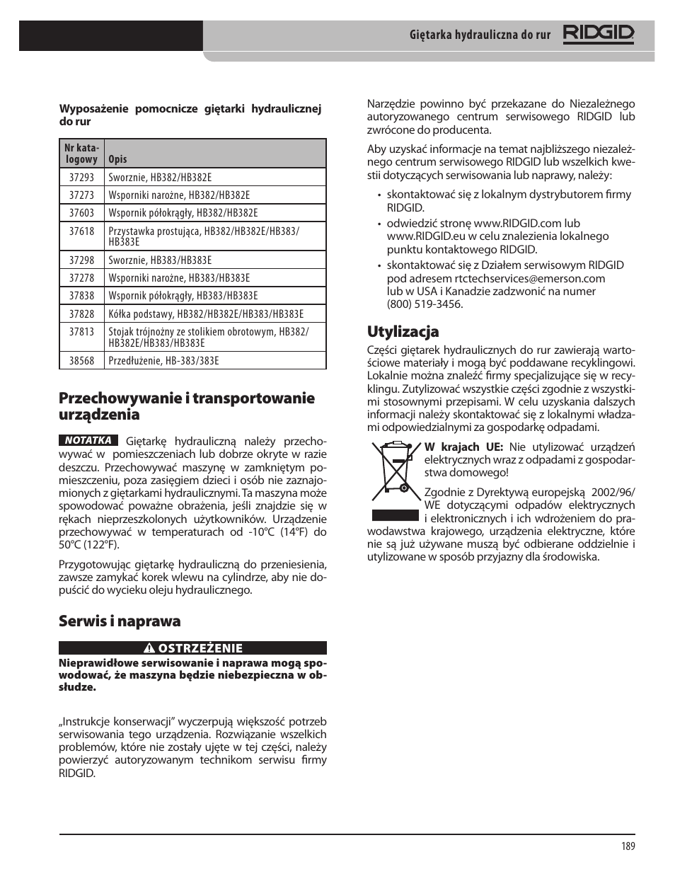 Utylizacja, Przechowywanie i transportowanie urządzenia, Serwis i naprawa | RIDGID Hydraulic Pipe Bender User Manual | Page 191 / 358