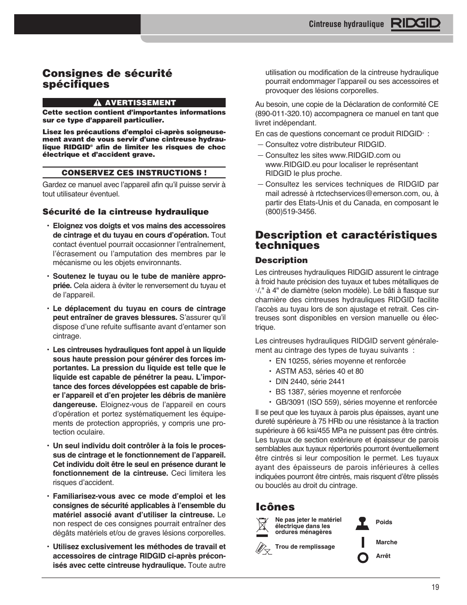 Description et caractéristiques techniques, Consignes de sécurité spécifiques, Icônes | RIDGID Hydraulic Pipe Bender User Manual | Page 21 / 358