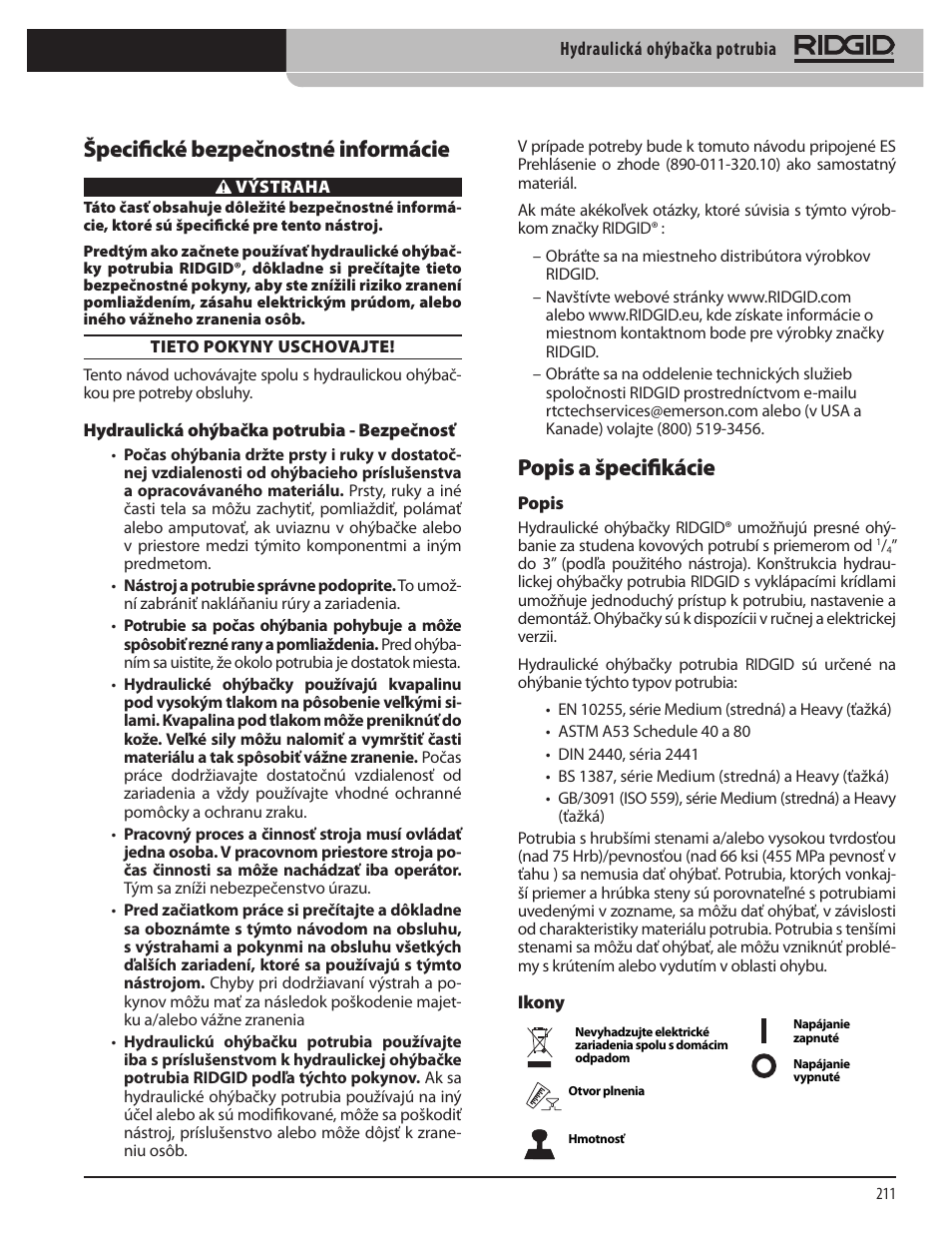 Popis a špecifikácie, Špecifické bezpečnostné informácie | RIDGID Hydraulic Pipe Bender User Manual | Page 213 / 358