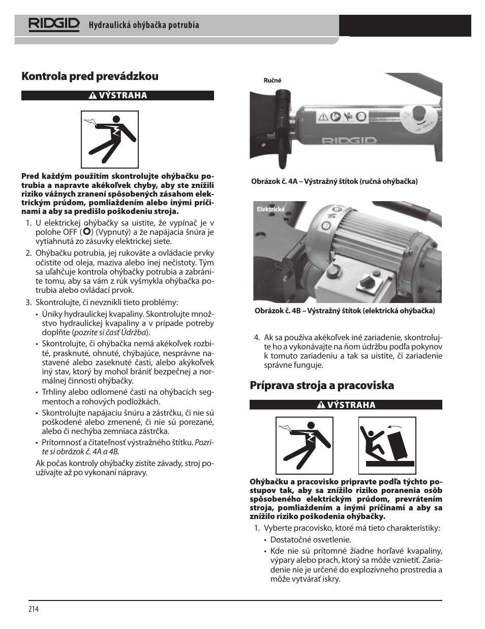 Kontrola pred prevádzkou, Príprava stroja a pracoviska | RIDGID Hydraulic Pipe Bender User Manual | Page 216 / 358