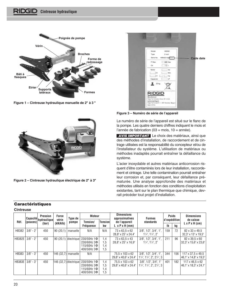 Cintreuse hydraulique, Caractéristiques | RIDGID Hydraulic Pipe Bender User Manual | Page 22 / 358