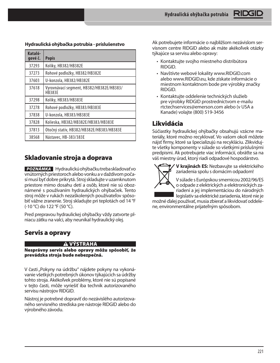 Skladovanie stroja a doprava, Servis a opravy, Likvidácia | RIDGID Hydraulic Pipe Bender User Manual | Page 223 / 358