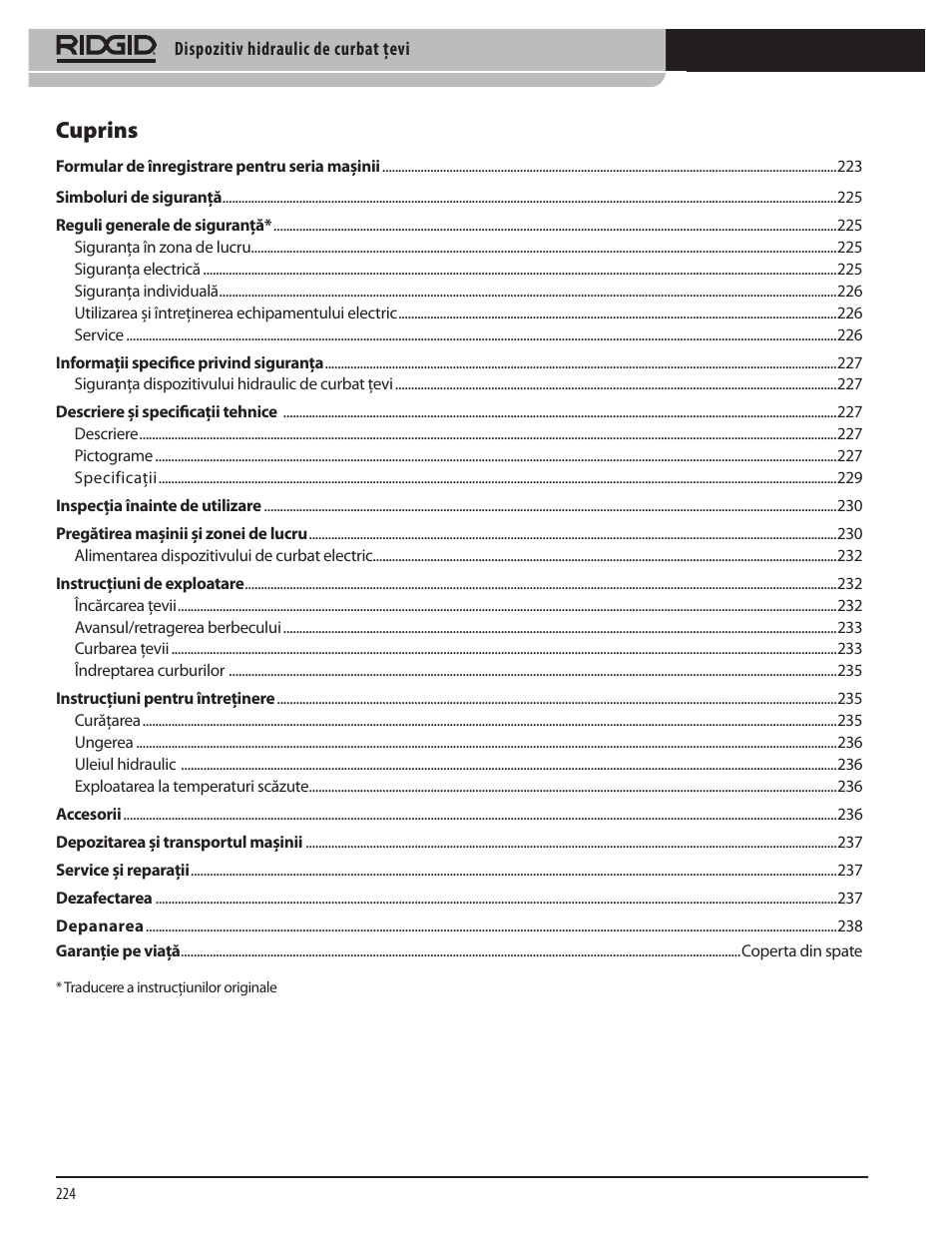 Cuprins | RIDGID Hydraulic Pipe Bender User Manual | Page 226 / 358