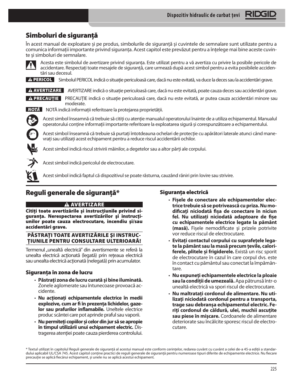 Simboluri de siguranţă, Reguli generale de siguranţă | RIDGID Hydraulic Pipe Bender User Manual | Page 227 / 358