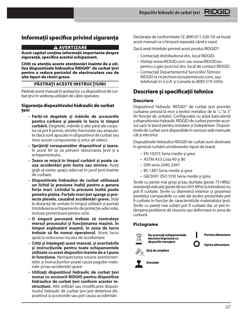 Descriere şi specificaţii tehnice, Informaţii specifice privind siguranţa | RIDGID Hydraulic Pipe Bender User Manual | Page 229 / 358