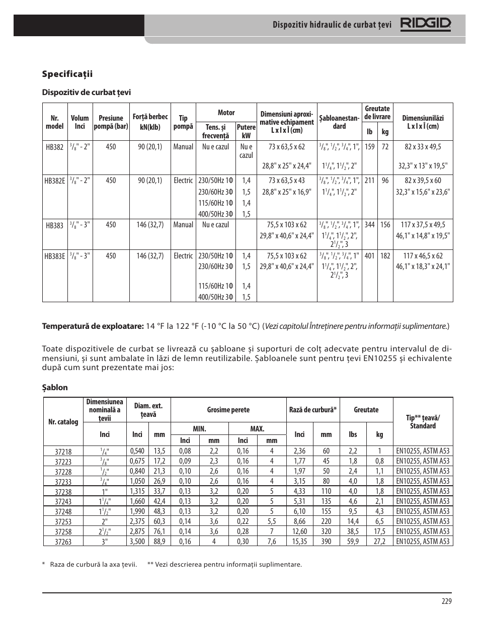 Dispozitiv hidraulic de curbat ţevi | RIDGID Hydraulic Pipe Bender User Manual | Page 231 / 358