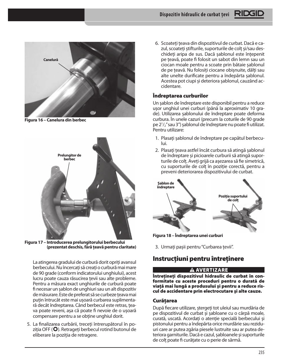 Instrucţiuni pentru întreţinere | RIDGID Hydraulic Pipe Bender User Manual | Page 237 / 358