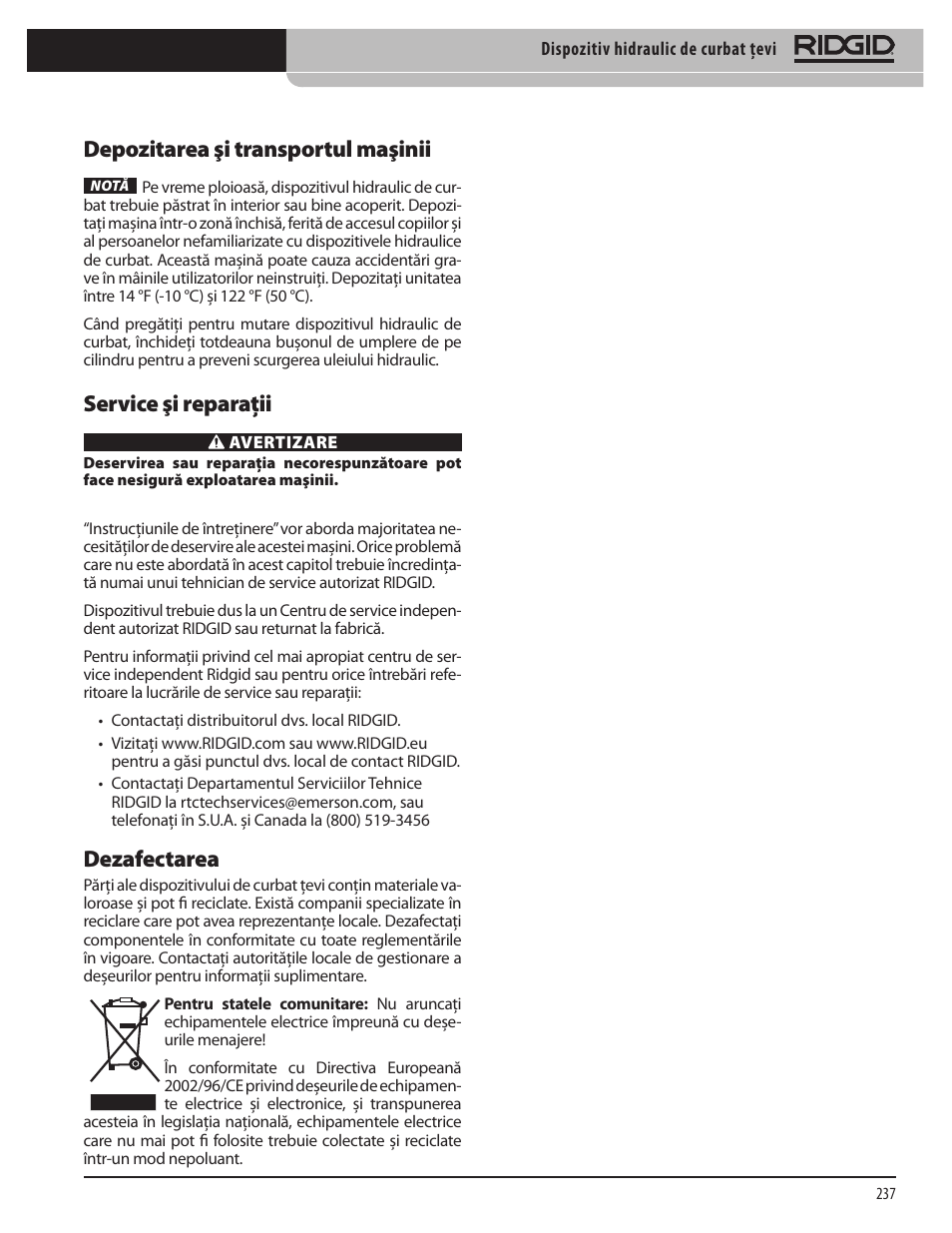 Depozitarea şi transportul maşinii, Service şi reparaţii, Dezafectarea | RIDGID Hydraulic Pipe Bender User Manual | Page 239 / 358