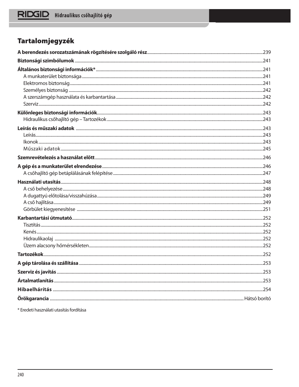 Tartalomjegyzék | RIDGID Hydraulic Pipe Bender User Manual | Page 242 / 358