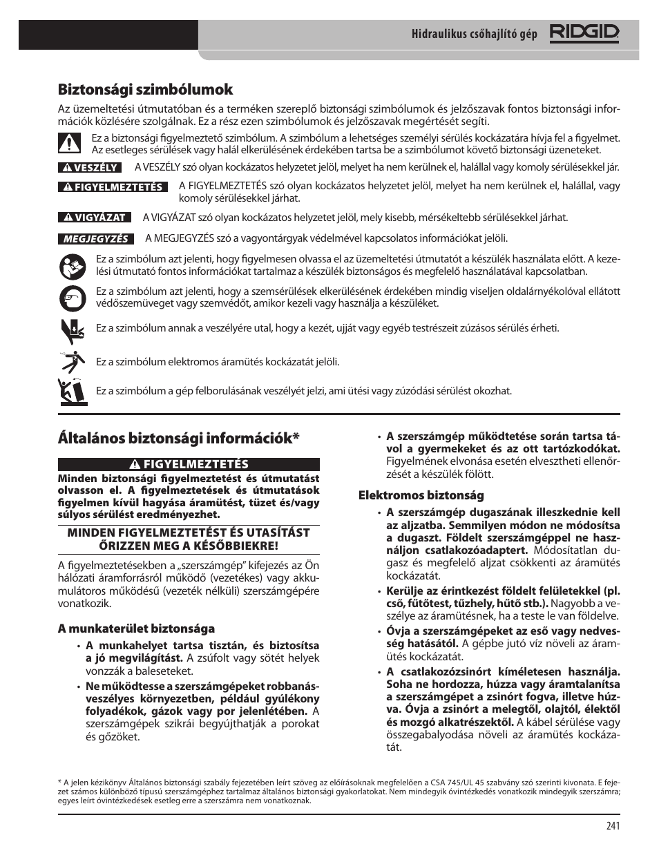 Biztonsági szimbólumok, Általános biztonsági információk | RIDGID Hydraulic Pipe Bender User Manual | Page 243 / 358