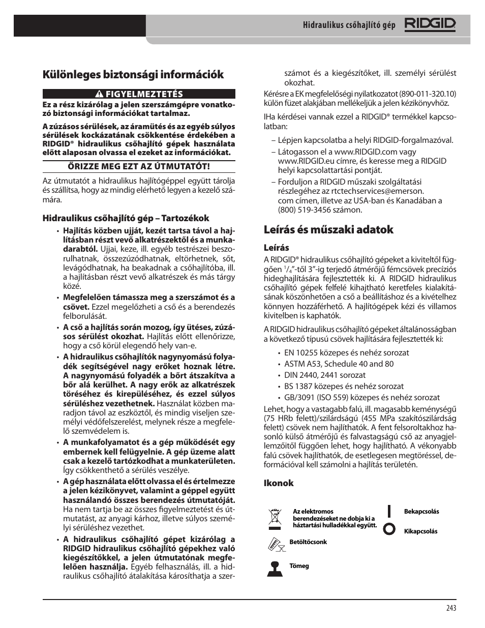Leírás és műszaki adatok, Különleges biztonsági információk | RIDGID Hydraulic Pipe Bender User Manual | Page 245 / 358