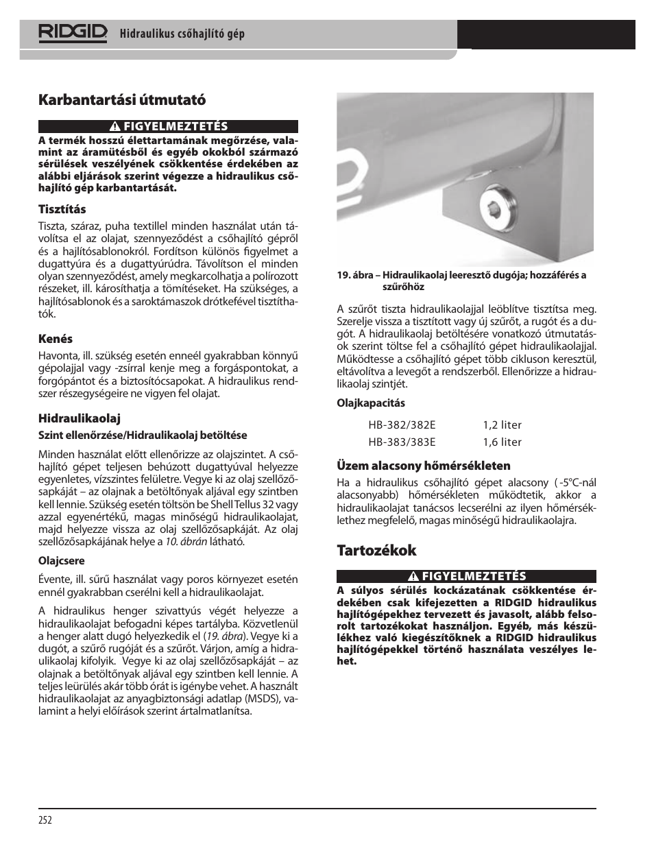 Tartozékok, Karbantartási útmutató | RIDGID Hydraulic Pipe Bender User Manual | Page 254 / 358