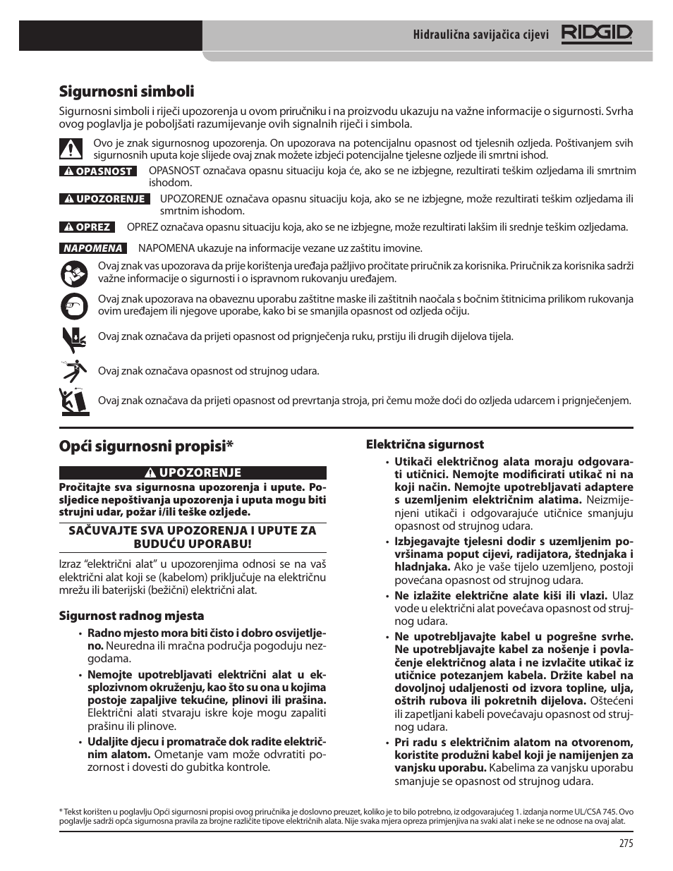 Sigurnosni simboli, Opći sigurnosni propisi | RIDGID Hydraulic Pipe Bender User Manual | Page 277 / 358