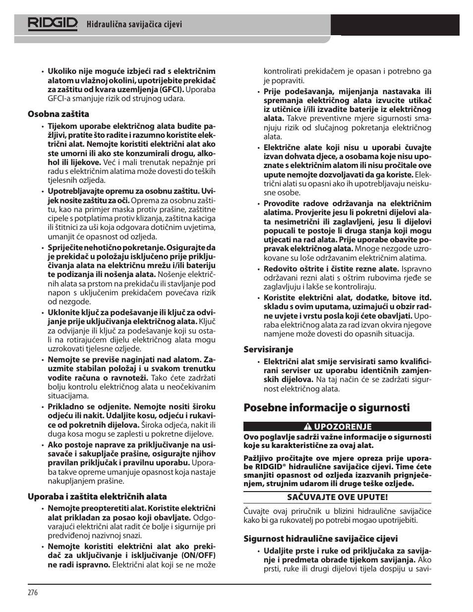 Posebne informacije o sigurnosti | RIDGID Hydraulic Pipe Bender User Manual | Page 278 / 358