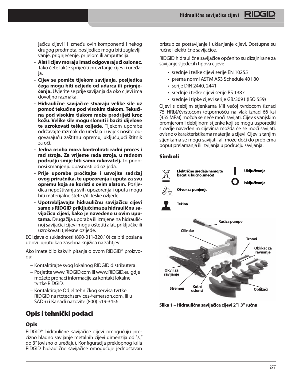 Opis i tehnički podaci | RIDGID Hydraulic Pipe Bender User Manual | Page 279 / 358