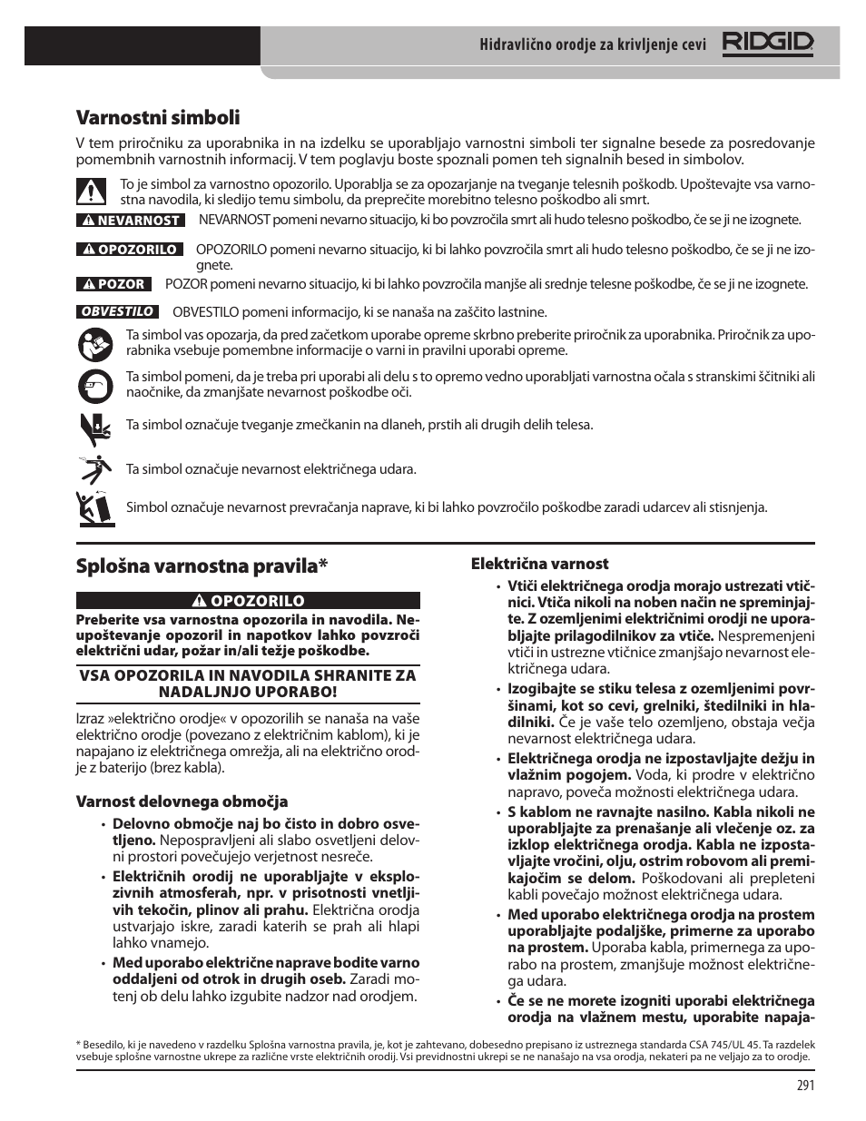 Varnostni simboli, Splošna varnostna pravila | RIDGID Hydraulic Pipe Bender User Manual | Page 293 / 358