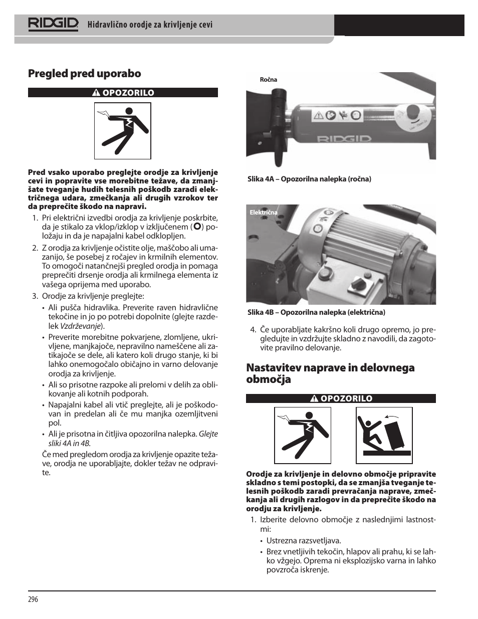 Pregled pred uporabo, Nastavitev naprave in delovnega območja | RIDGID Hydraulic Pipe Bender User Manual | Page 298 / 358