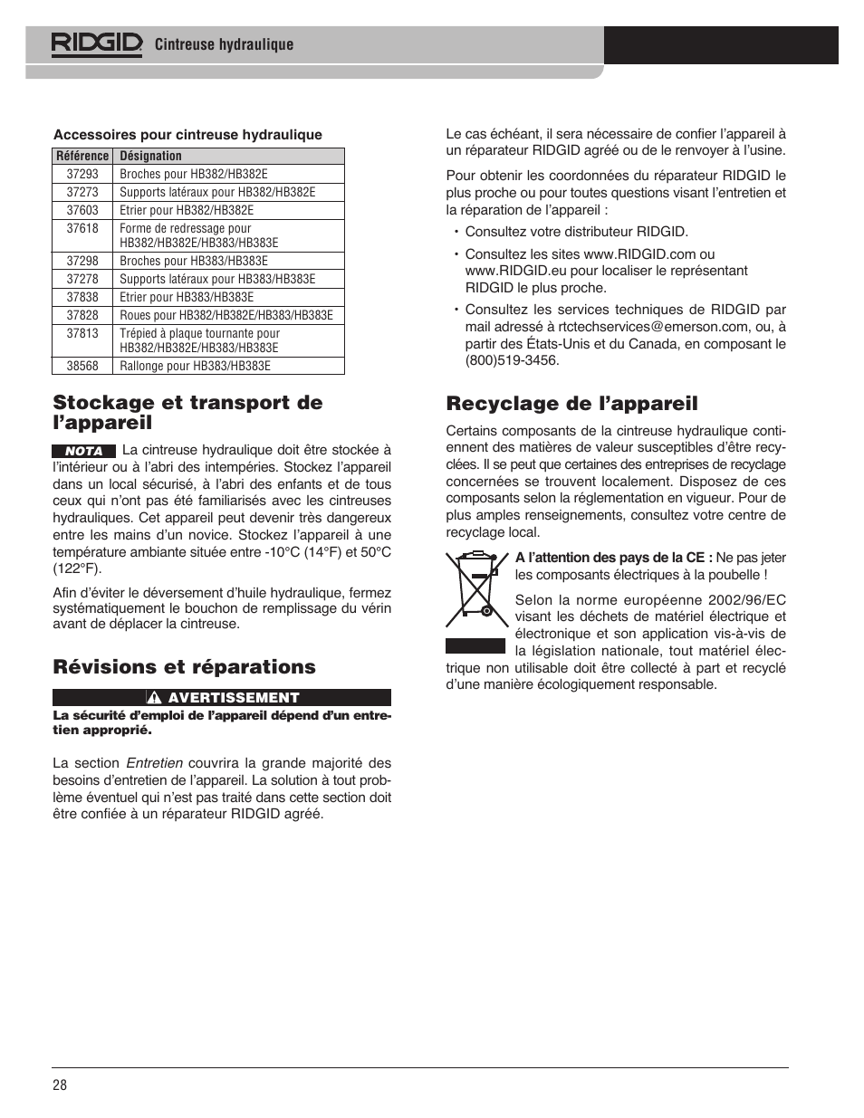Stockage et transport de l’appareil, Révisions et réparations, Recyclage de l’appareil | RIDGID Hydraulic Pipe Bender User Manual | Page 30 / 358