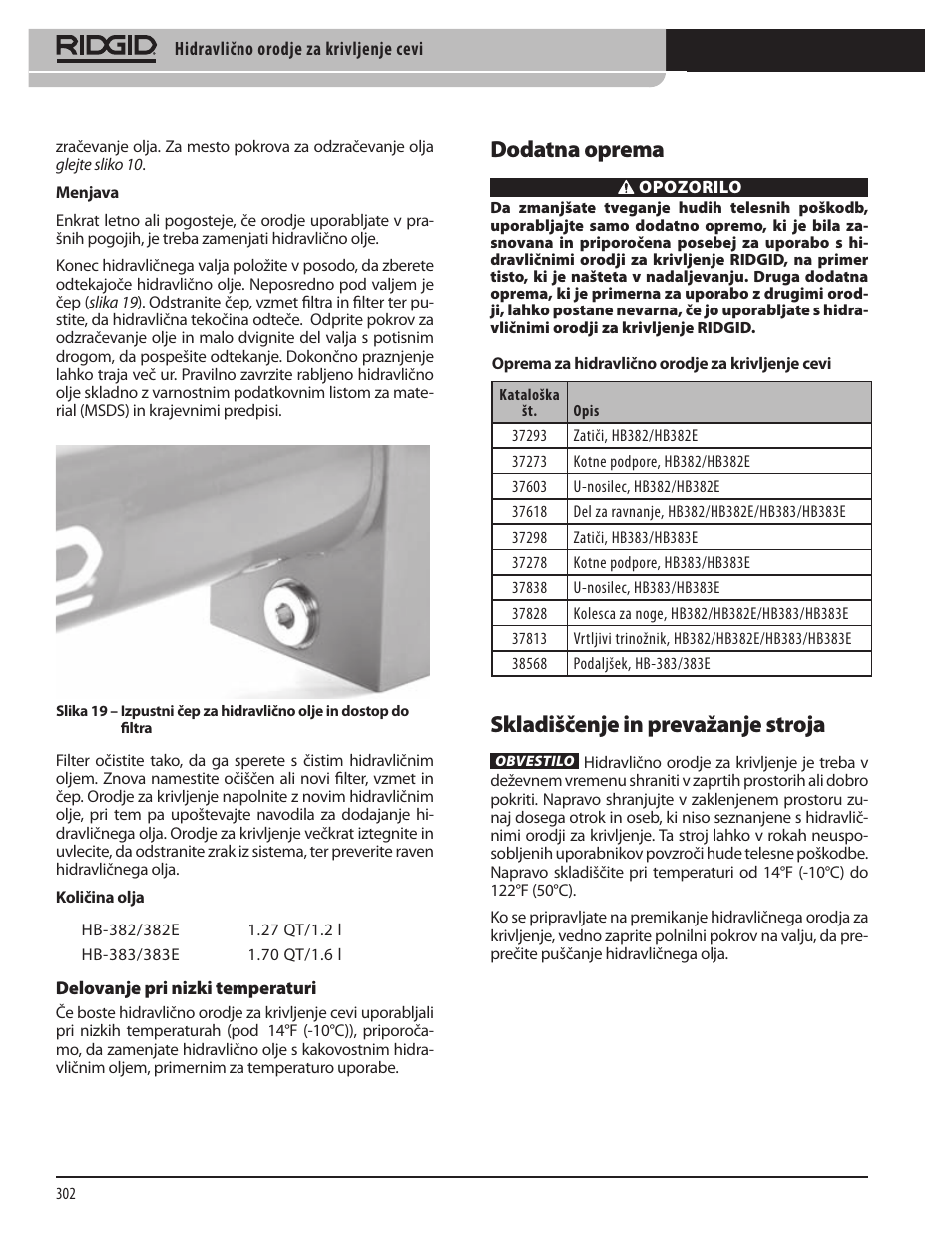 Dodatna oprema, Skladiščenje in prevažanje stroja | RIDGID Hydraulic Pipe Bender User Manual | Page 304 / 358