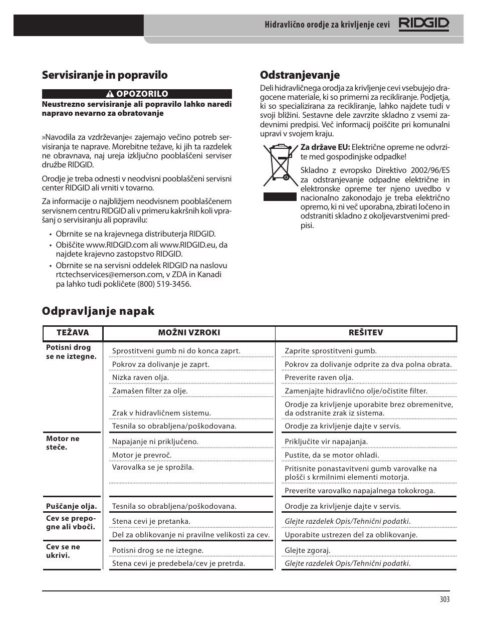 Odpravljanje napak, Servisiranje in popravilo, Odstranjevanje | RIDGID Hydraulic Pipe Bender User Manual | Page 305 / 358