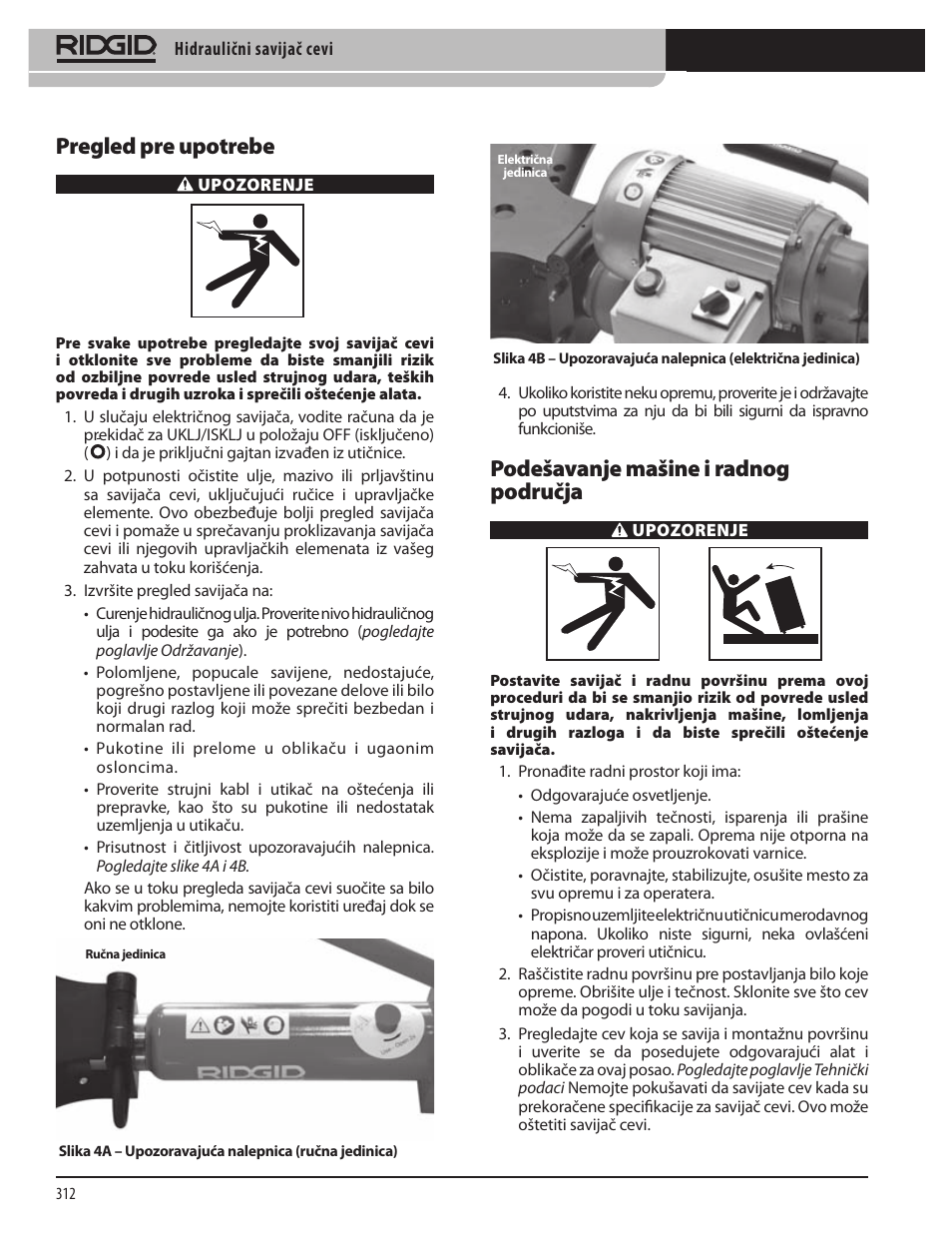 Pregled pre upotrebe, Podešavanje mašine i radnog područja | RIDGID Hydraulic Pipe Bender User Manual | Page 314 / 358