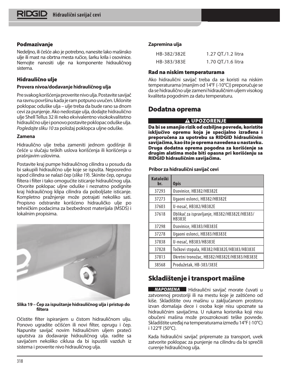 Dodatna oprema, Skladištenje i transport mašine | RIDGID Hydraulic Pipe Bender User Manual | Page 320 / 358