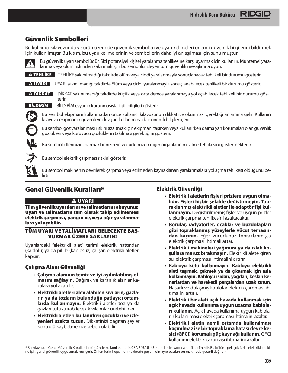 Güvenlik sembolleri, Genel güvenlik kuralları | RIDGID Hydraulic Pipe Bender User Manual | Page 341 / 358