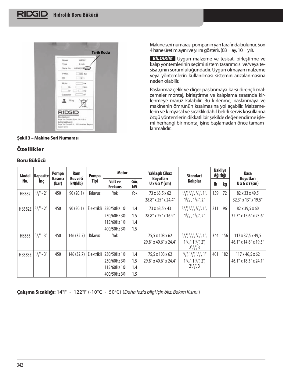 Hidrolik boru bükücü | RIDGID Hydraulic Pipe Bender User Manual | Page 344 / 358