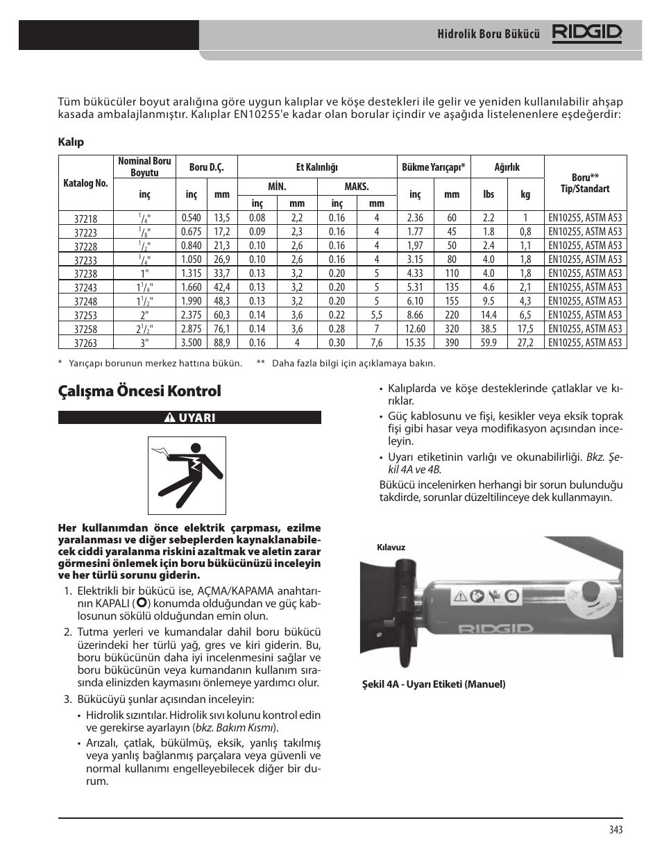 Çalışma öncesi kontrol | RIDGID Hydraulic Pipe Bender User Manual | Page 345 / 358