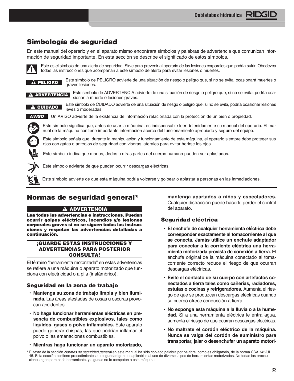 Normas de seguridad general, Simbología de seguridad | RIDGID Hydraulic Pipe Bender User Manual | Page 35 / 358