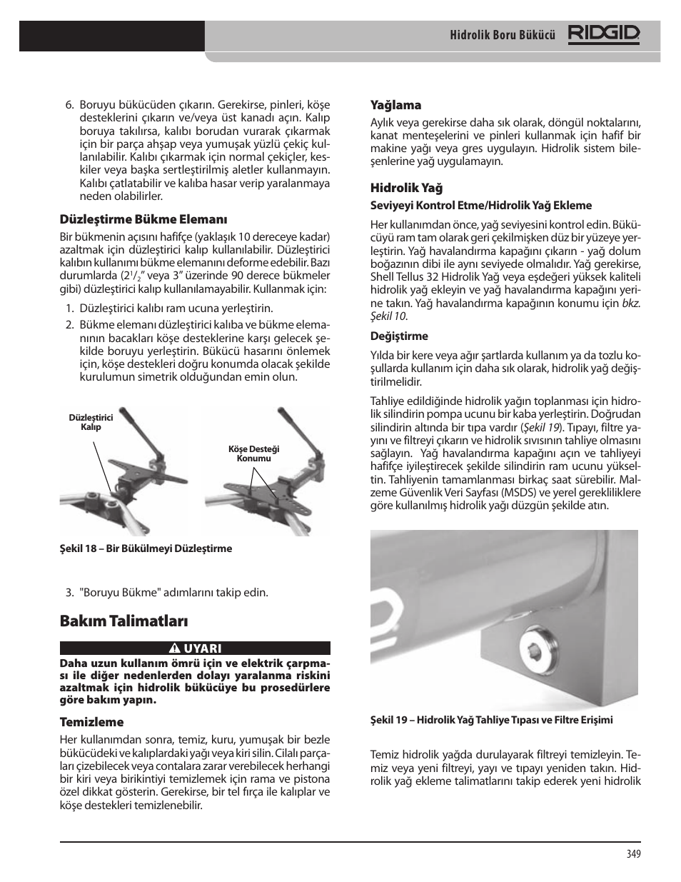 Bakım talimatları | RIDGID Hydraulic Pipe Bender User Manual | Page 351 / 358