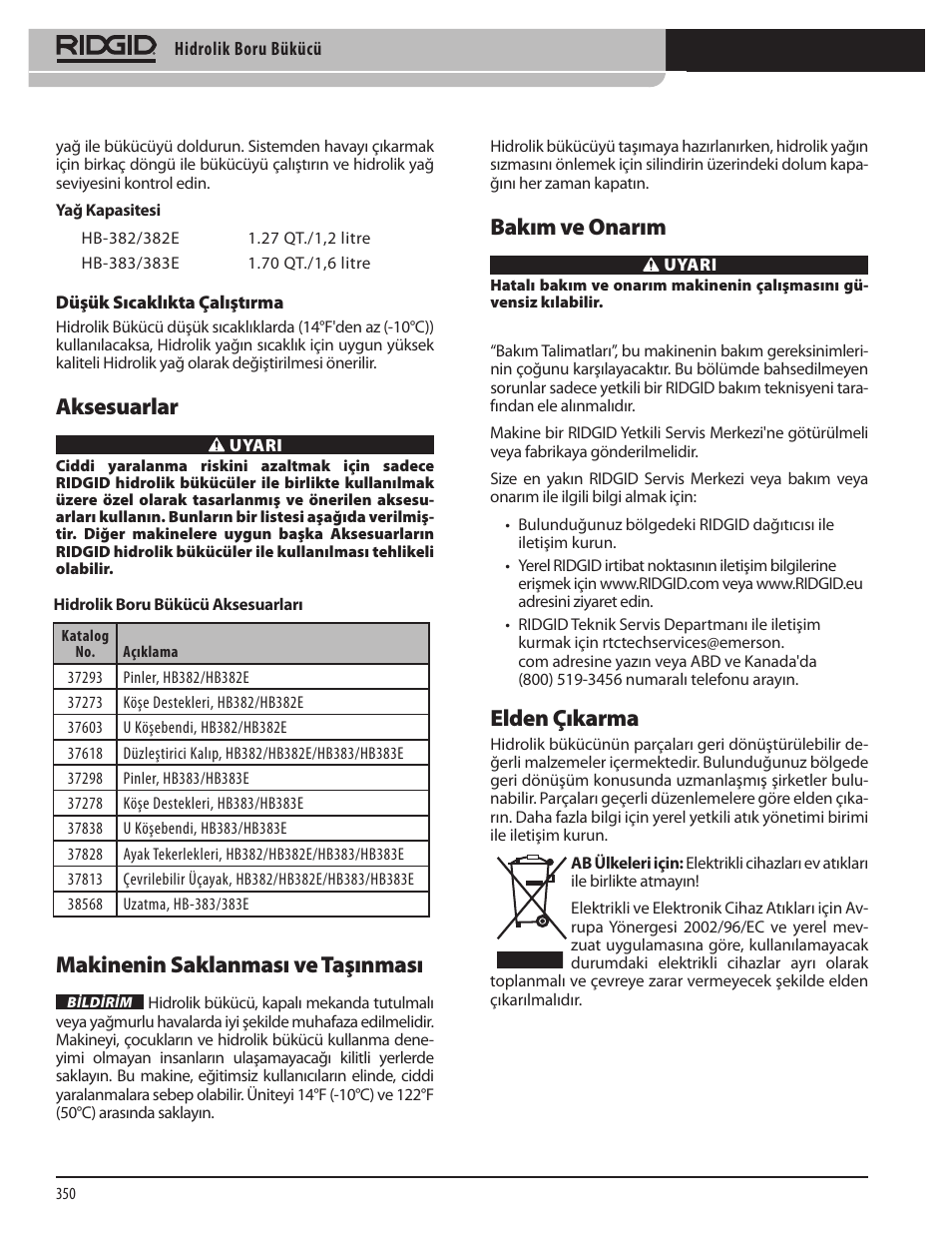 Bakım ve onarım, Elden çıkarma, Aksesuarlar | Makinenin saklanması ve taşınması | RIDGID Hydraulic Pipe Bender User Manual | Page 352 / 358