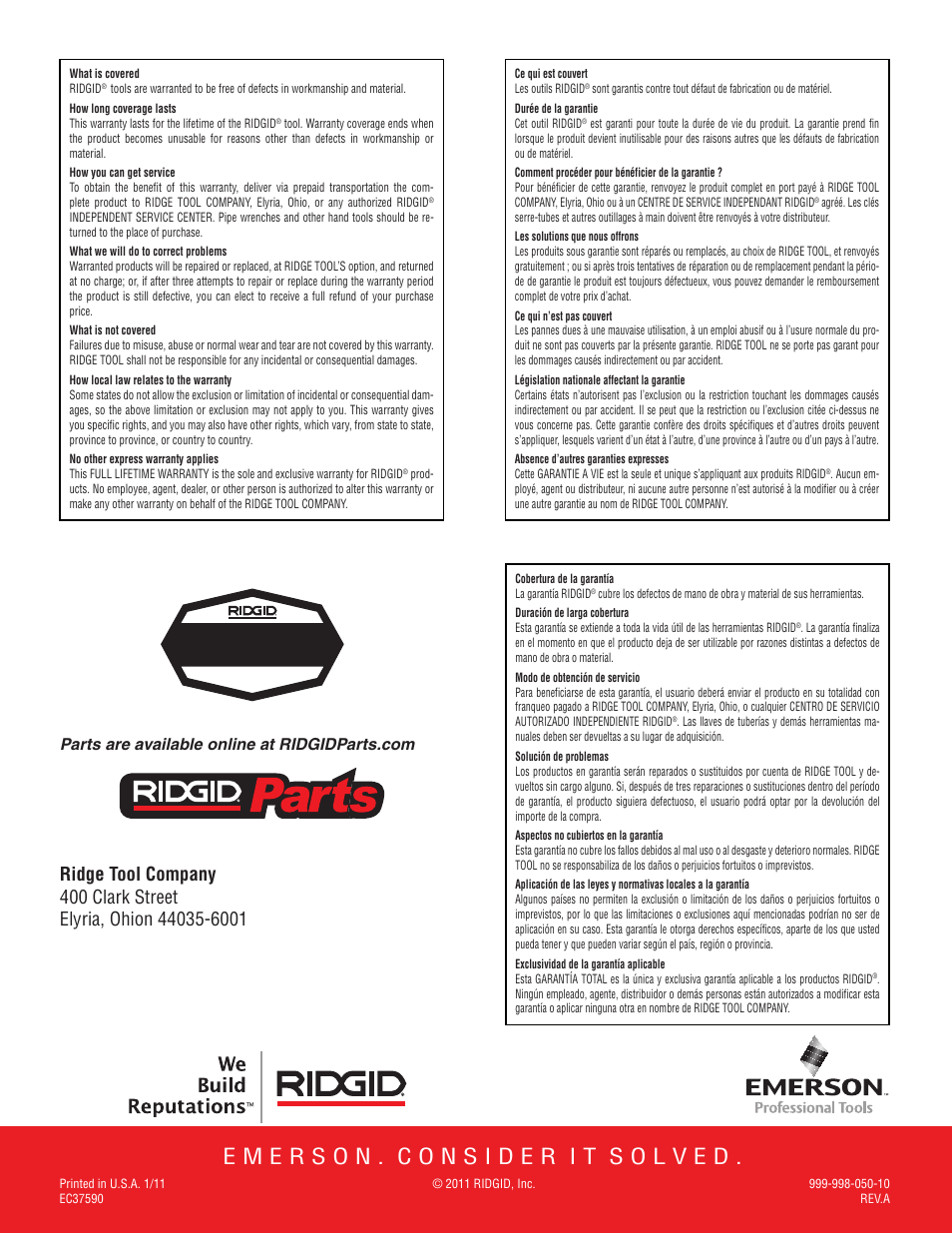 Full lifetime warranty | RIDGID Hydraulic Pipe Bender User Manual | Page 358 / 358