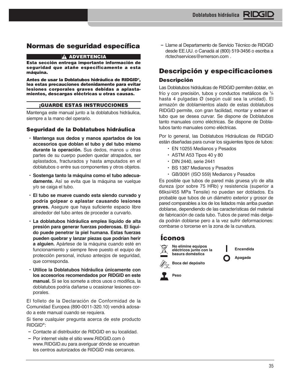 Descripción y especificaciones, Normas de seguridad específica, Íconos | RIDGID Hydraulic Pipe Bender User Manual | Page 37 / 358