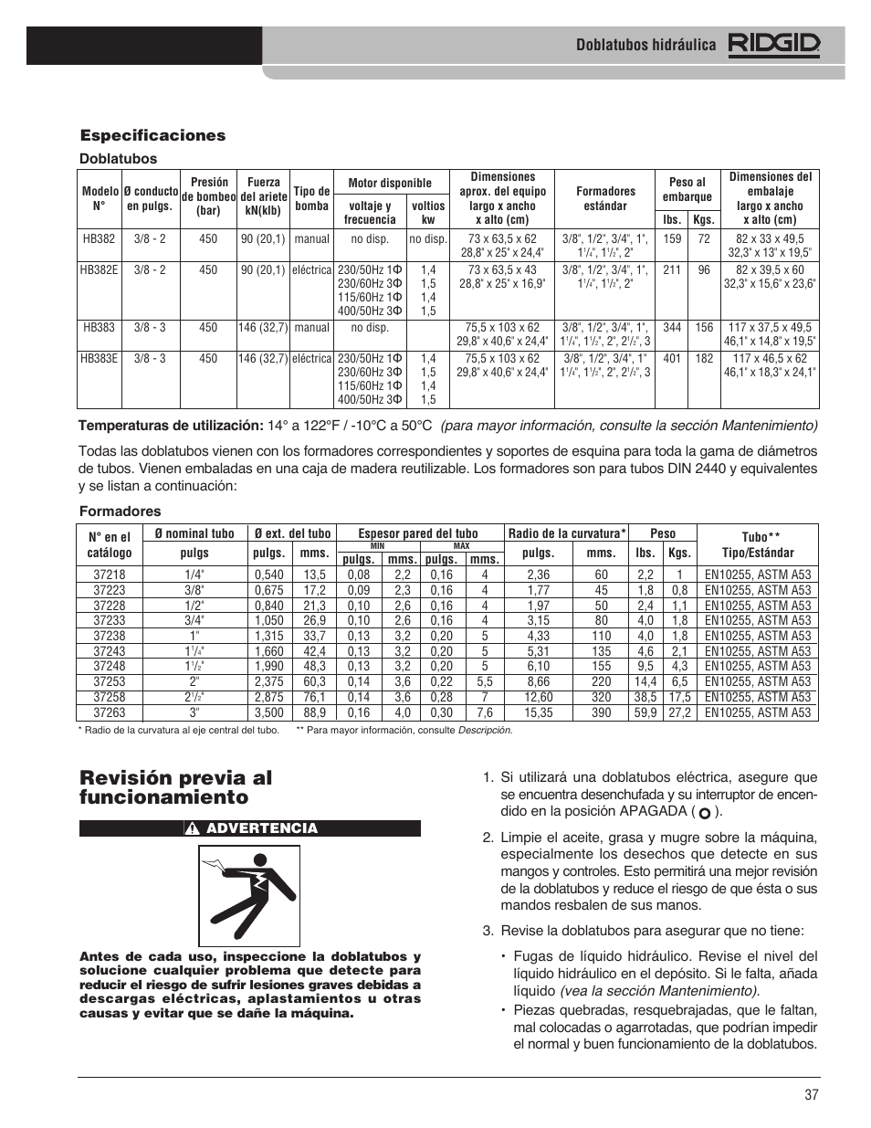 Revisión previa al funcionamiento, Doblatubos hidráulica, Especificaciones | RIDGID Hydraulic Pipe Bender User Manual | Page 39 / 358