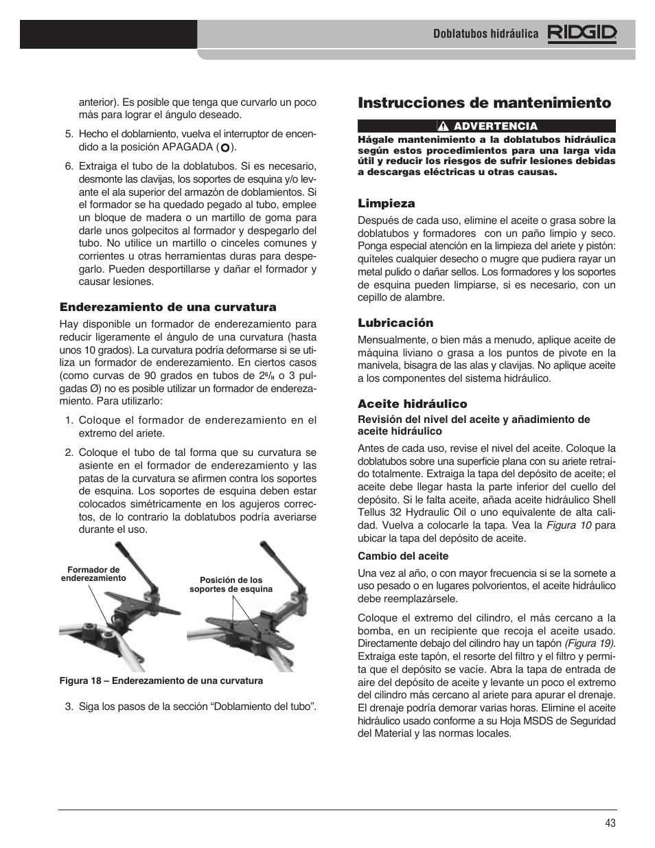 Instrucciones de mantenimiento | RIDGID Hydraulic Pipe Bender User Manual | Page 45 / 358