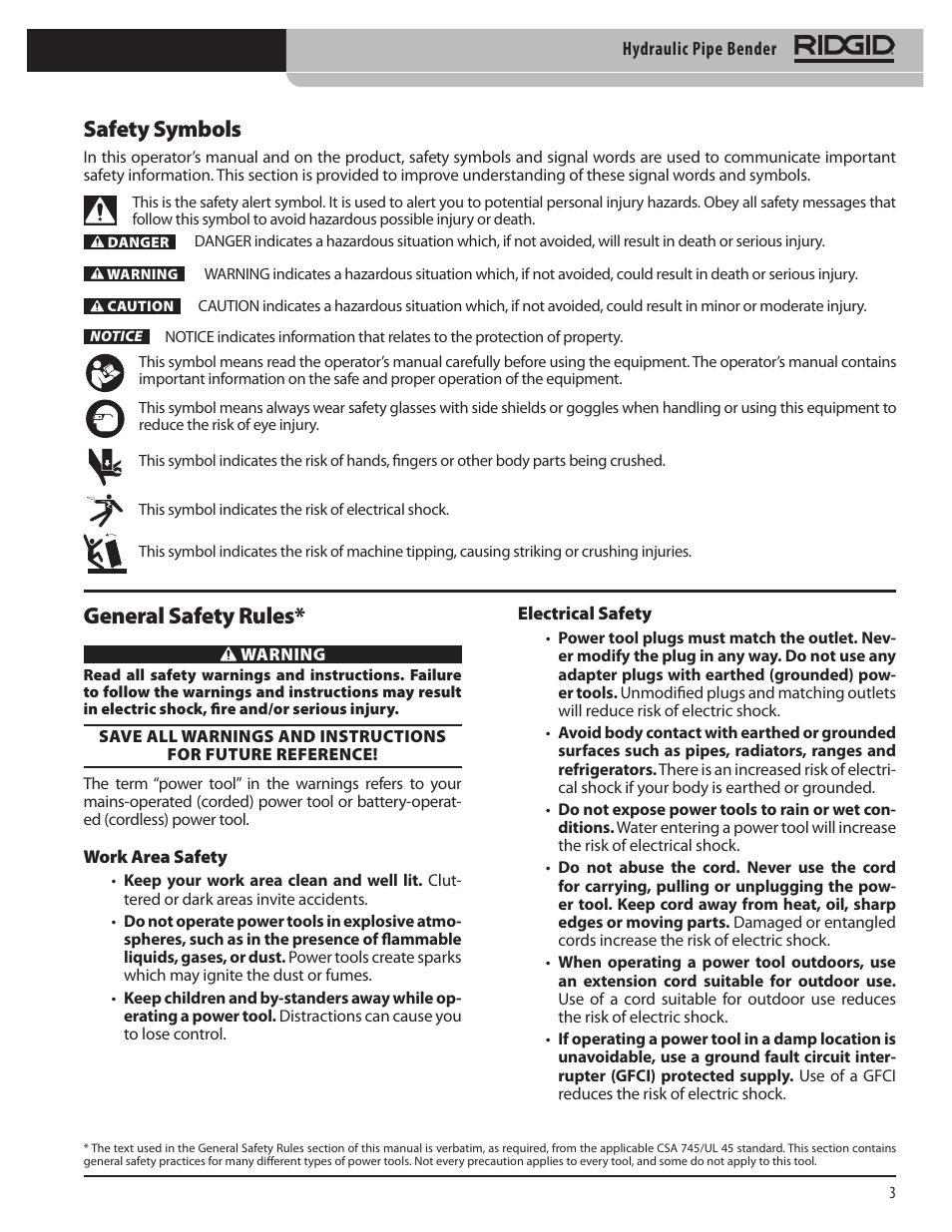 Safety symbols, General safety rules | RIDGID Hydraulic Pipe Bender User Manual | Page 5 / 358