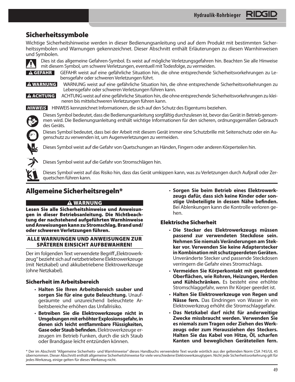 Sicherheitssymbole, Allgemeine sicherheitsregeln | RIDGID Hydraulic Pipe Bender User Manual | Page 51 / 358
